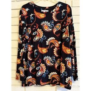 Chicos 3 Stretchy Knit Top Black Multicolor Paisley Print Long‎ Sleeve Size XL